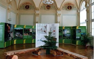 Ausstellung in einem prunkvollen Raum mit hohen Decken und verzierten Wänden, thematisch zum Wald mit Infotafeln.