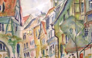 Aquarell einer malerischen Altstadt mit Fachwerkhäusern und Straßenszene.