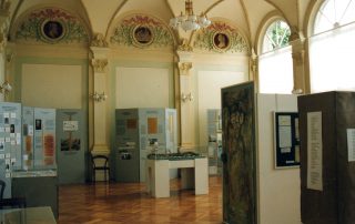 Ausstellungsraum mit Informationstafeln, Schaukästen und einem Modell.