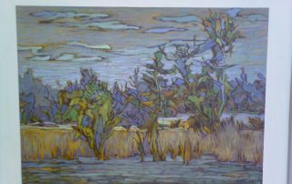 Gemälde mit abstrakten Bäumen und einer Landschaft in gedeckten Farben.